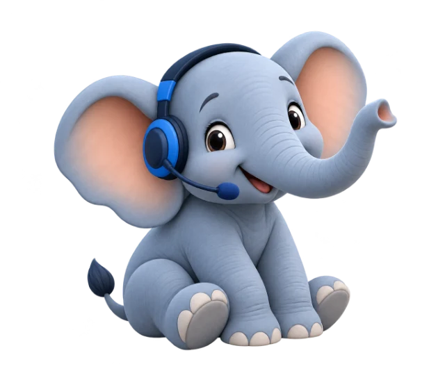 A friendly elephant wearing a telephone headset